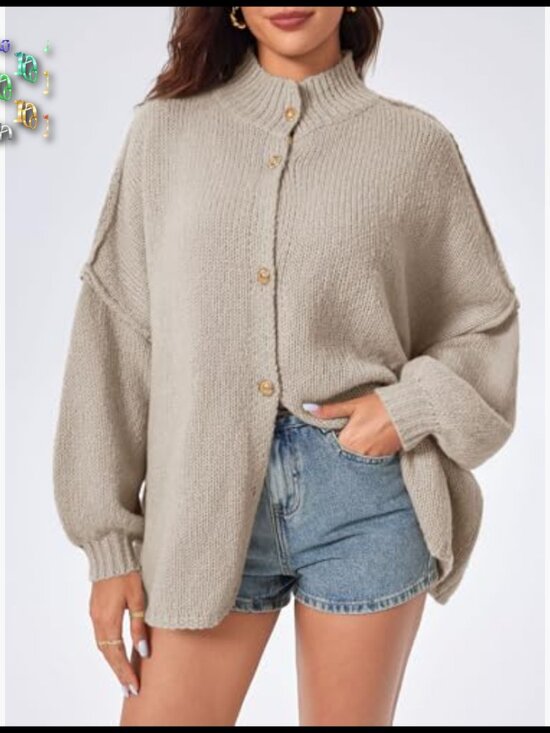 Oversized Cardigan Chunky Knit Long Lantern Sleeve Button Down Loose Fall - Picture 3 of 7